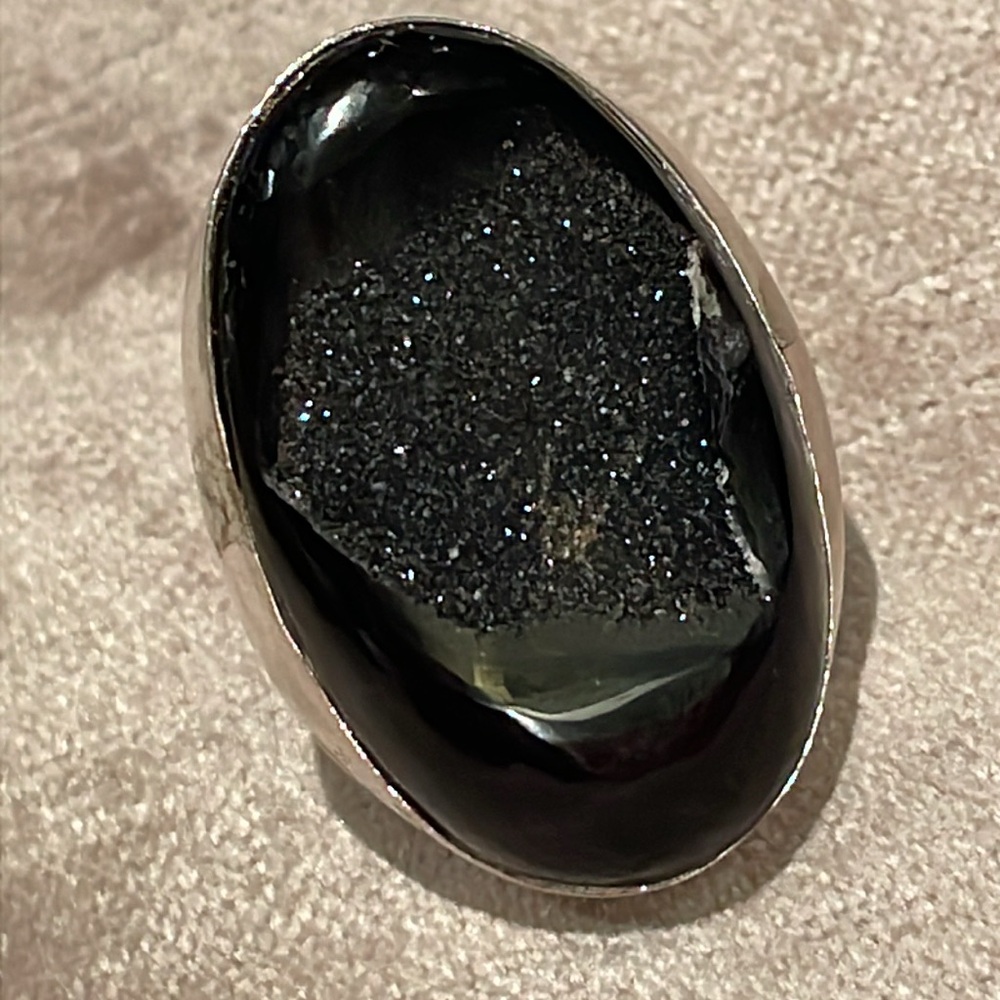 Chunky Black Agate Druzy Geode Ring Sterling Silv… - image 2
